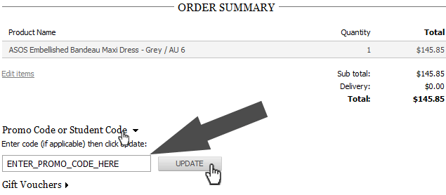 promo code or student code on the order summary page